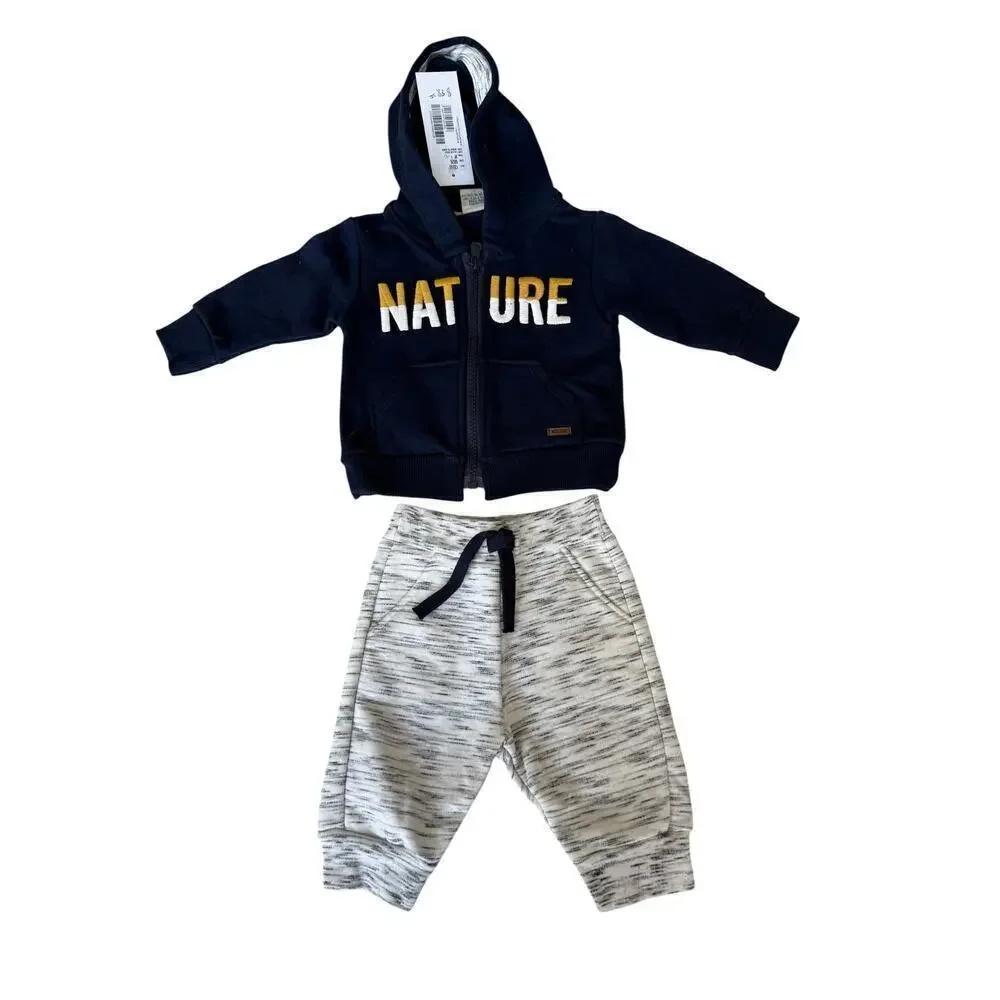 Milon Boys Gray Marl & Navy Hooded Sweatshirt Jogger Pant Set in size 3 months